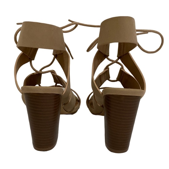 Faux Suede Tan and Brown lace up block heel sandals - Picture 4 of 9